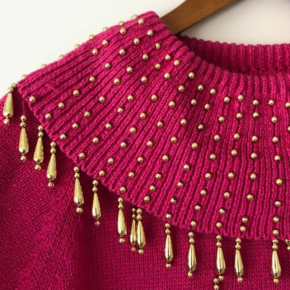 Vintage 80s Barbie Hot Pink Sweater Gold Embellished Tassels Cervelle Large - Picture 2 of 9
